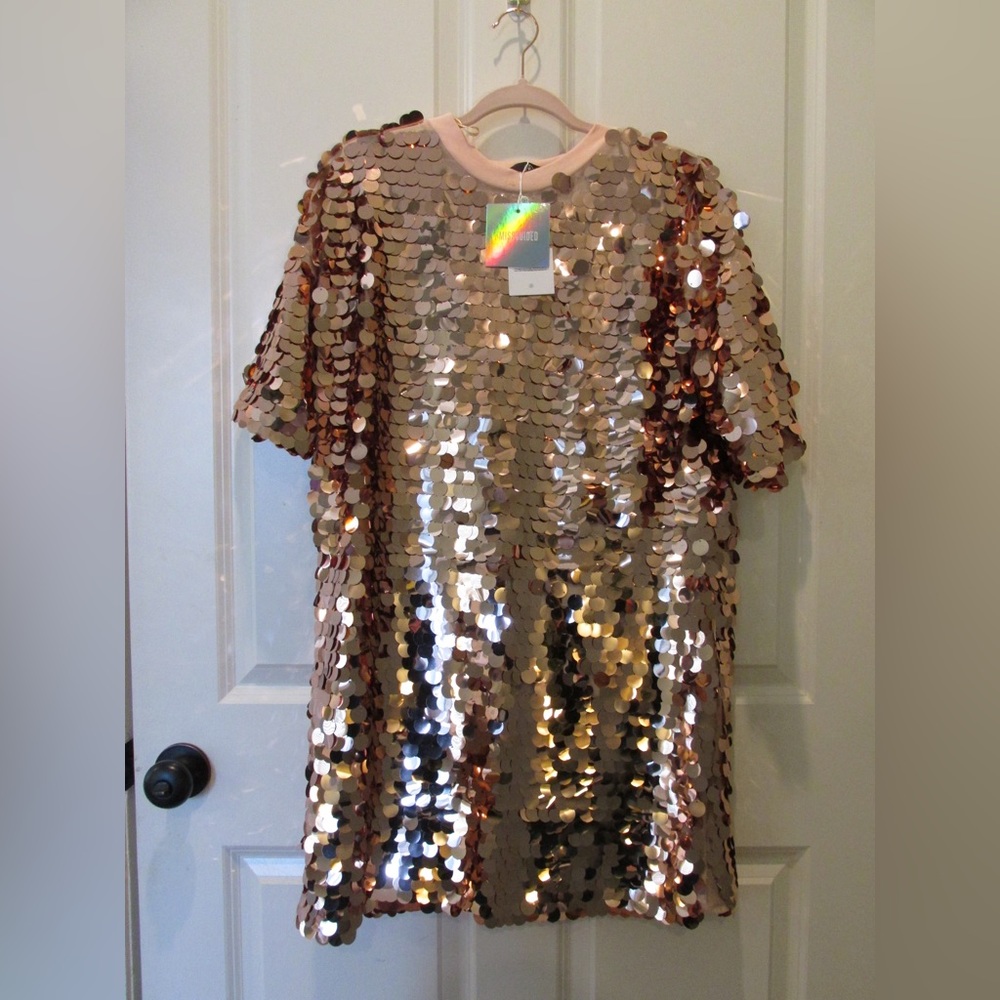 NWT - MissGuided Pink Sequin T-Shirt Dress - Sz 10